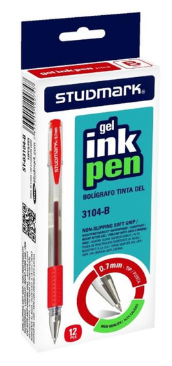 Studmark Red Gel Pen with soft grip 0.7mm Metal Tip 12 Pcs