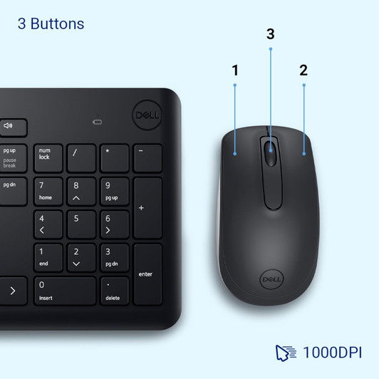 Dell KM3322W Wireless Keyboard and Mouse, 2.4GHz, USB Wireless Receiver