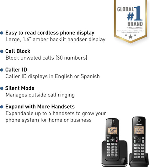 Panasonic Expandable Cordless Phone System with Amber Backlit Display – 2 Handsets-Black