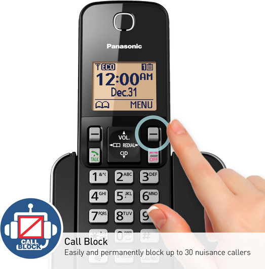 Panasonic Expandable Cordless Phone System with Amber Backlit Display – 2 Handsets-Black