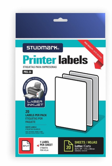 Studmark Printer Lable Sheets 8.5"X11" Letter Size Pack Of 20 Sheets-White.