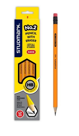 Studmark Wood Pencil with Eraser Yellow 12 Pack