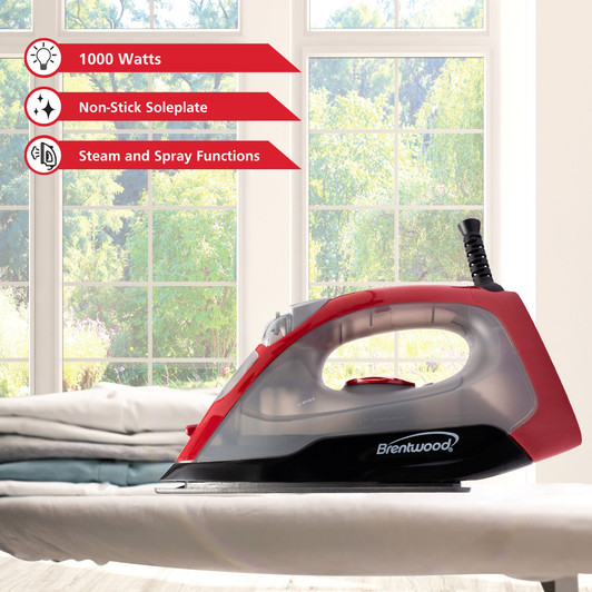 Brentwood Steam Iron Non-Stick, 1000-watt, Red Brentwood Steam Iron Non-Stick, 1000-watt, Red