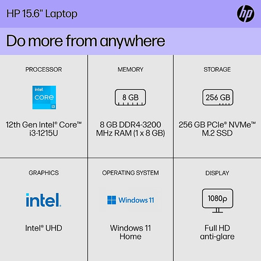 Hp 15.6" i3 8GB DDR4 256GB SSD Finger Print Reader Intel UHD Graphics 12th Gen Win 11 Home-Silver