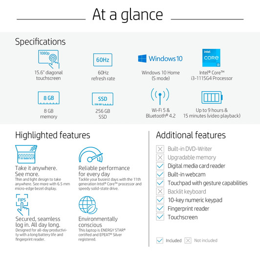Hp 15.6" i3 8GB DDR4 256GB SSD Touch Screen Finger Print Reader Intel UHD Graphics 12th Gen Win 11 Home-Silver