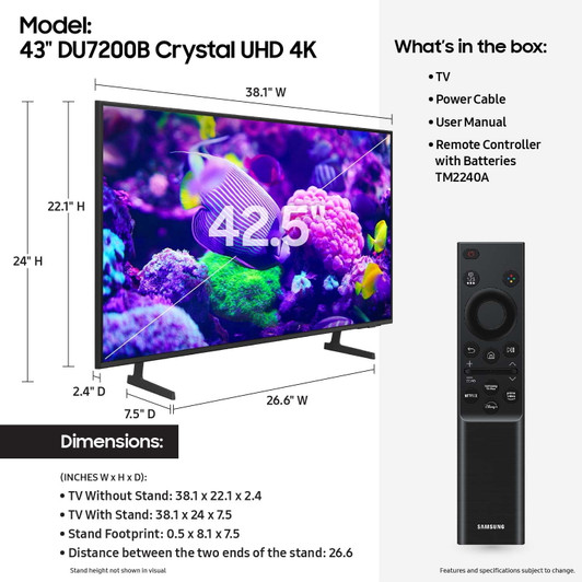 SAMSUNG 43" Class DU7200B Crystal UHD 4K Smart TV