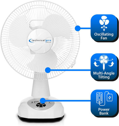 Technical Pro 12" Rechargeable Oscillating Tabletop Fan with 9 Speeds Controls, LED Night light and Powerbank