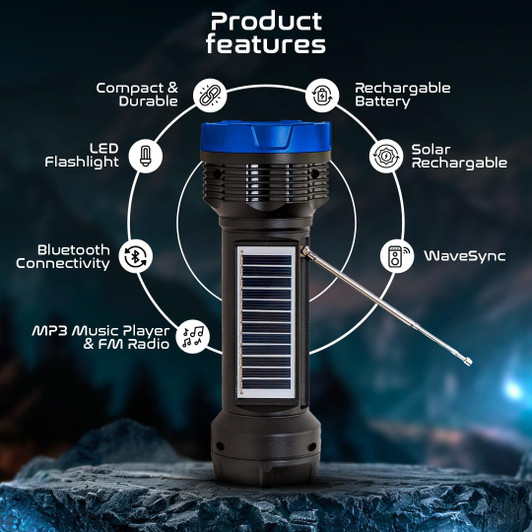 Technical Pro Rechargeable Emergency Flashlight,Radio and Bluetooth with Solar Panel