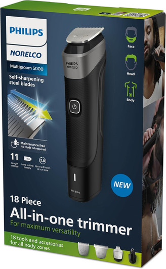 Philips Norelco Rechargable USB Charging Multigroom 5000 Series, 18 Pcs. All-in-One Trimmer