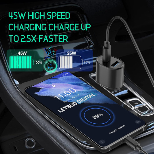 CTG  Black Dual Port Type C & USB A 45W,15W Quick Car Charger With USB-C Cable