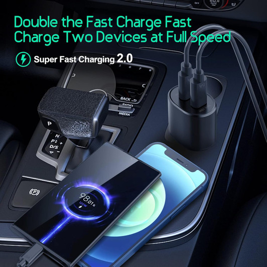 CTG  Black Dual Port Type C & USB A 45W,15W Quick Car Charger With USB-C Cable