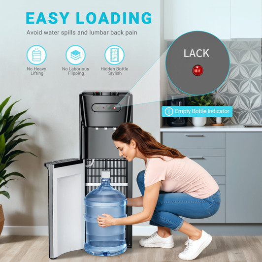 Manastin Bottom-Loading Water Dispenser, 3 Temperatures (Hot, Room and Cold), Child Safety Lock, LED Display with Empty Bottle Alert- Black Manastin Bottom-Loading Water Dispenser, 3 Temperatures (Hot, Room and Cold), Child Safety Lock, LED Display with Empty Bottle Alert- Black