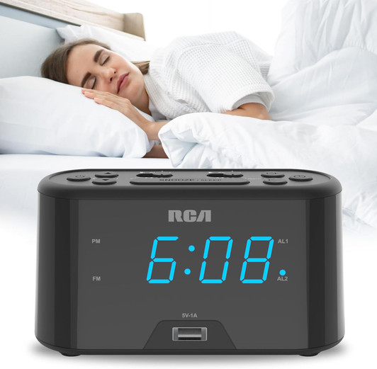 RCA Digital Alarm Clock Radio with LED Display, USB Charging Port, FM Radio with Presets, Dual Wake, Sleep Timer and Snooze Functions-Black