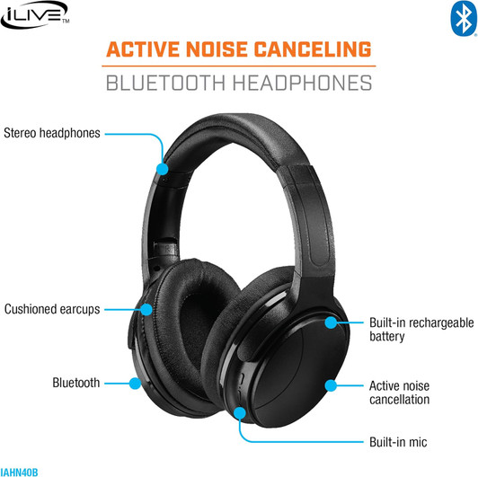 ILive Active Noise Cancellation Bluetooth Headphones Dual With 3.5MM Audio With 3.5MM Jack Cable- Black