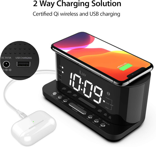 iLuv Time Shaker 5Q Wow Qi-Certified Wireless Charging Alarm Clock with Vibration Shaker, Jumbo LCD White Display, Dual Alarm, FM Radio, Sleep Timer, 3-Level Dimmer, USB Charging Port, Battery Backup