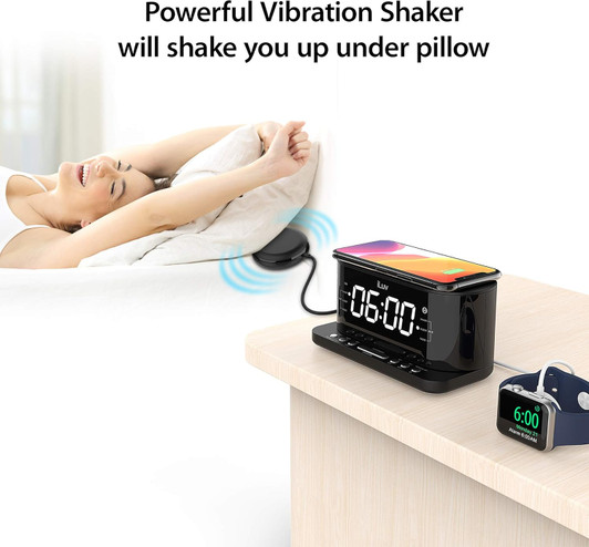 iLuv Time Shaker 5Q Wow Qi-Certified Wireless Charging Alarm Clock with Vibration Shaker, Jumbo LCD White Display, Dual Alarm, FM Radio, Sleep Timer, 3-Level Dimmer, USB Charging Port, Battery Backup