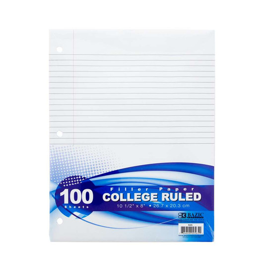 Bazic 100 Sheets College Ruled Filler Paper 10.5" x 8"