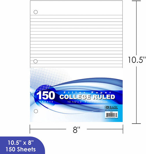 Bazic 150 Sheets College Ruled Filler Paper 10 1/2" x 8"