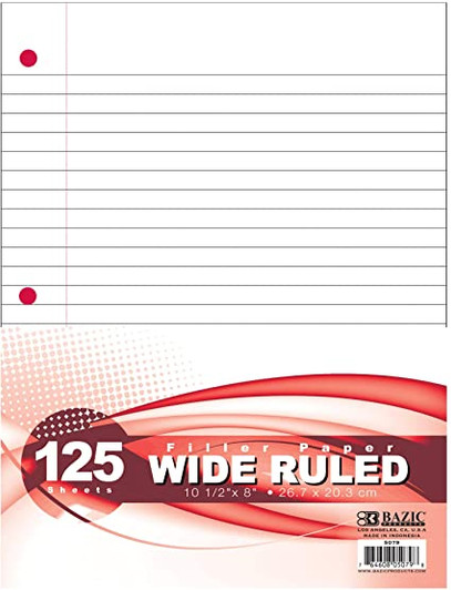 Bazic 125 Sheets Filler Paper Wide Ruled 10 1/2" x 8"