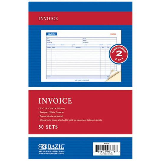 Bazic Invoice Book Carbonless 2 Part 50 Sets