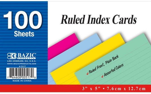Bazic Ruled Colored Index Cards 3" x 5" 100 Sheets