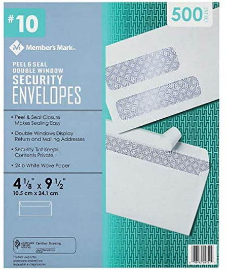 Members Mark # 10 Peel & Seal 4.1/8 x 9.1/2" Double Window 24lbs White Envelope 500 Pack