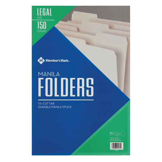 Member's Mark Manila Folders Legal size 1/3 cut Tab, 150 Pack