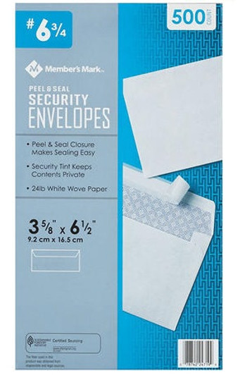 Member's Mark Peel & Seal Security Envelope # 6, 3/4 500 Pack