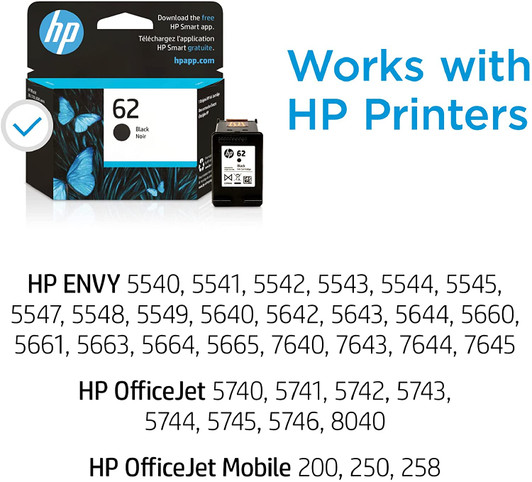 HP 62 Black Ink Cartridge Approximate 200 Pages Yield