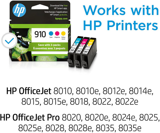 HP 910 3 Pack Cyan Magenta Yellow Ink Cartridge Approximate 315 Pages Yield each