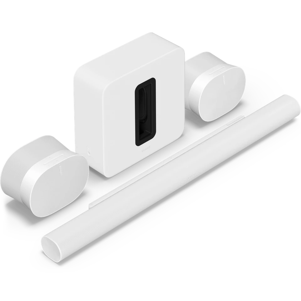 White Sonos Arc Ultra soundbar, Sub 4 and two Era 300 speakers — Ultimate Sonos Cinema equipment example