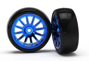 Latrax 7573R Tires & wheels, assembled, glued (12-spoke blue chrome wheels, slick tires) (2) 1/18