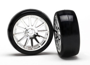 Latrax 7573 Tires & wheels, assembled, glued (12-spoke chrome wheels, slick tires) (2) 1/18