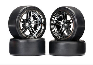 Traxxas 8378 Tires and wheels, assembled, glued (split-spoke black chrome wheels, 1.9" Drift tires) 4pcs, 1/10 Traxxas 8378 Tires and wheels, assembled, glued (split-spoke black chrome wheels, 1.9" Drift tires) 4pcs, 1/10