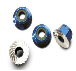 Traxxas 1747R Nuts, aluminum, flanged, serrated (4mm) (blue-anodized) (4)
