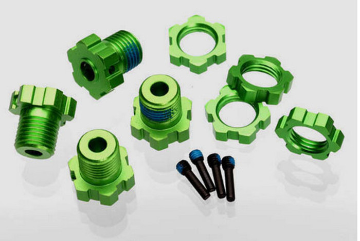 Traxxas 5353G Wheel hubs, splined, 17mm (green-anodized) (4)/ wheel nuts, splined, 17mm (green-anodized) (4)/ screw pins, 4x13mm (with threadlock) (4)