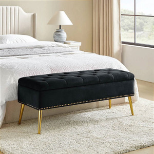 Mid-Century Modern End of Bed Storage Bench with Black Velvet Seat and Gold Legs Q280-BLKUFSB164825761 Mid-Century Modern End of Bed Storage Bench with Black Velvet Seat and Gold Legs Q280-BLKUFSB164825761
