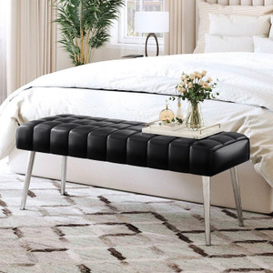 Mid-Century Modern End of Bed Bench with Black PU Leather Seat and Tapered Legs Q280-BLFMCU829461538 Mid-Century Modern End of Bed Bench with Black PU Leather Seat and Tapered Legs Q280-BLFMCU829461538