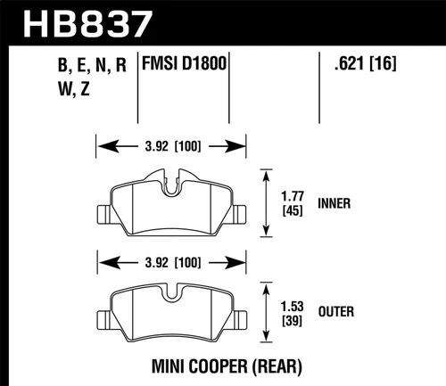 Hawk 14-17 Mini Cooper HPS 5.0 Rear Brake Pads - HB837B.621 (representative image)