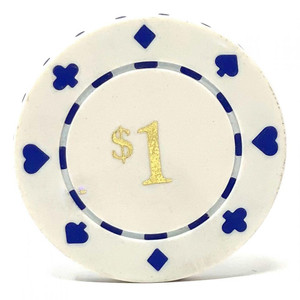 Poker Chips: Card Suits, 11.5 Gram / Heavy Weight, with Monogram, White Poker Chips: Card Suits, 11.5 Gram / Heavy Weight, with Monogram, White