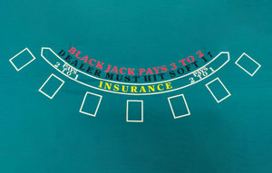 75" x 62" Blackjack Layout, Blackjack Pays 2-1, No Insurance, Green (Billiard Cloth) 75" x 62" Blackjack Layout, Blackjack Pays 2-1, No Insurance, Green (Billiard Cloth)