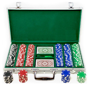 Kem Poker Chip Set: 300 11.5 Gram Dice Chips, Green and Brown Kem Arrow Decks in Aluminum Cas
