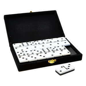 Marion Double 6 Two Tone Black / White Dominoes with Spinners in Black Velvet Box