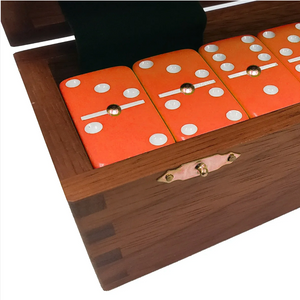 Marion Double 6 Orange Domino Set with White Spots in Wood Box