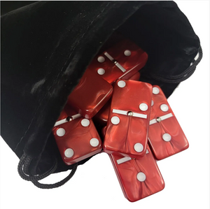 Marion & Co. Double Six Red Marbleized Dominoes  with Spinners in Black Velvet Bag