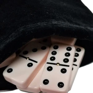 Marion & Co. Double Six Creamy Blush Dominoes  with Spinners in Black Velvet Bag