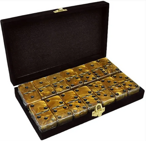 Marion & Co. Double Six Gold Marbleized Dominoes Black Spots with Spinners in Black Velvet Case