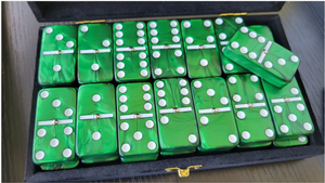 Marion & Co. Double Six Green Marbleized Dominoes with Spinners in Black Velvet Case