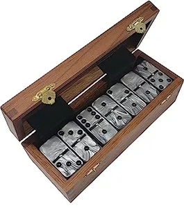 Marion & Co. Double Six Silver Marbleized Dominoes with Spinners in Wood Box