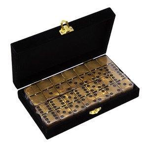 Marion Double 6 Gold Marbelized Domino Set with Spinners in Velvet Box